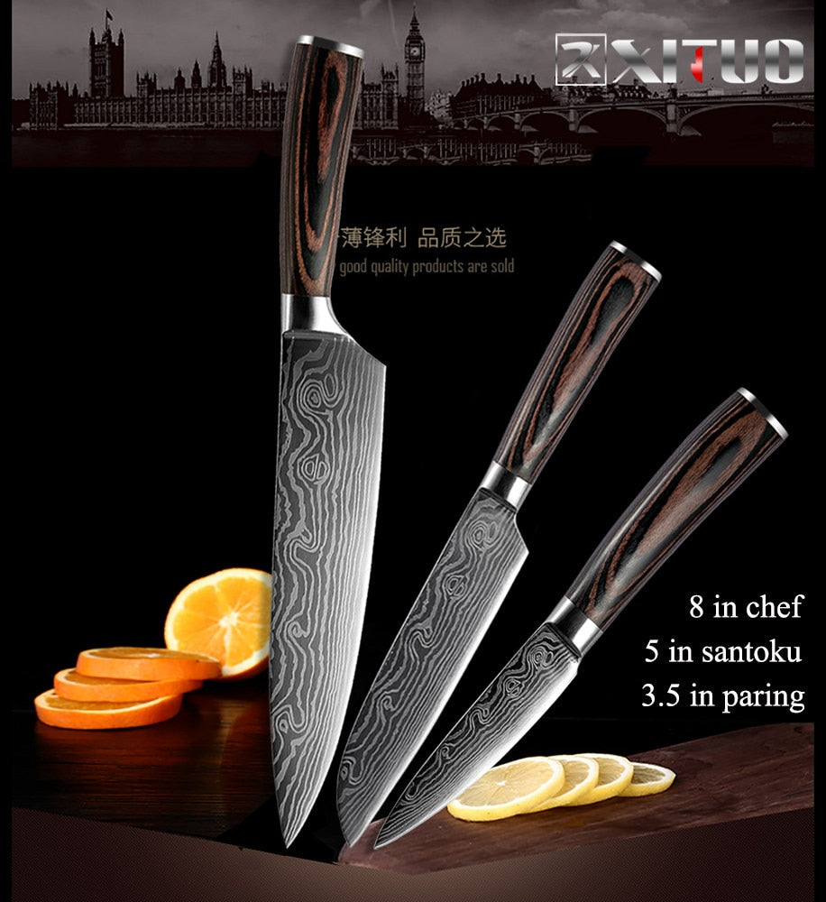 XITUO  2-5PCS Set Kitchen Knife Damascus Laser Stainless Steel Blades Chef Knife Santoku knife Utility Paring knives Tools