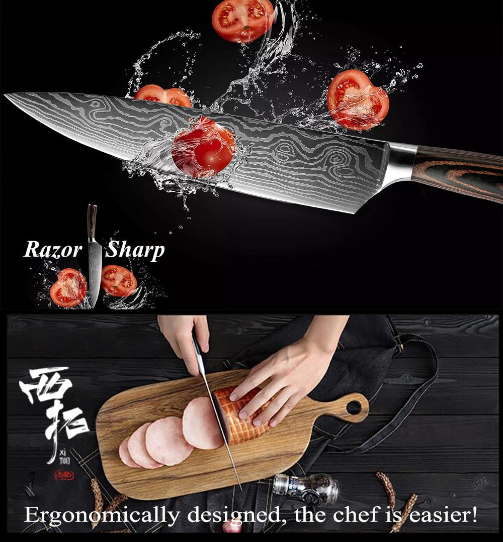 XITUO  2-5PCS Set Kitchen Knife Damascus Laser Stainless Steel Blades Chef Knife Santoku knife Utility Paring knives Tools